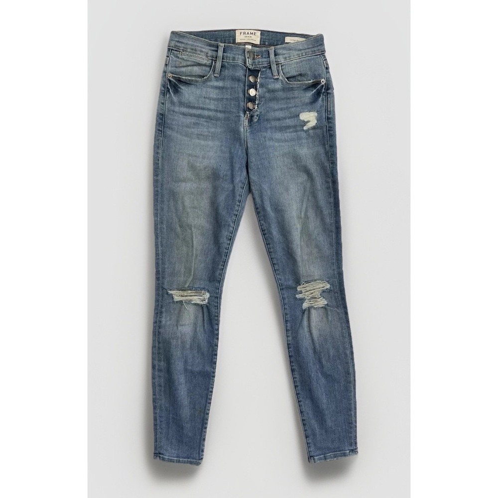 FRAME Le High Skinny Jeans Rooftop Light Wash Distressed Button Fly / Women's 26